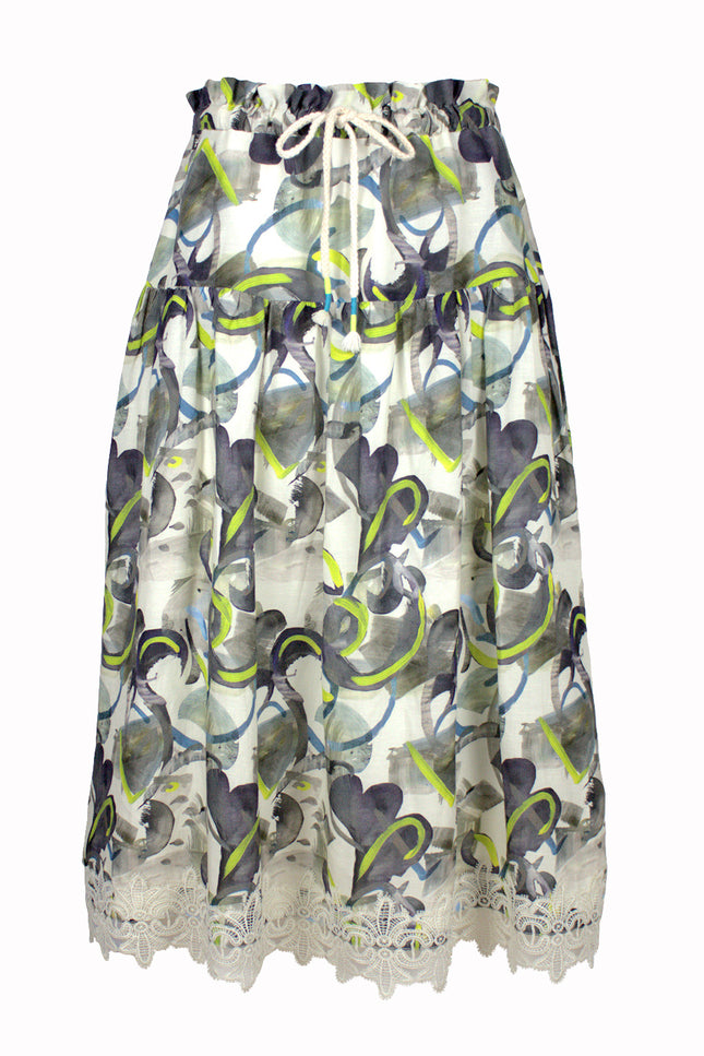 Lalipop Design | Tiered Drawstring Midi skirt with trims of lace appliques