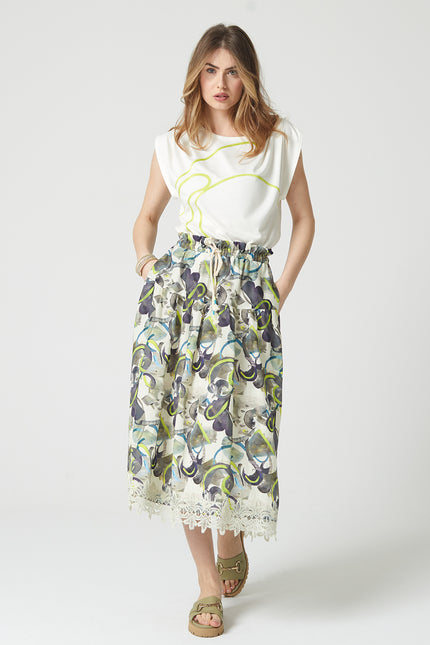 Lalipop Design | Tiered Drawstring Midi skirt with trims of lace appliques
