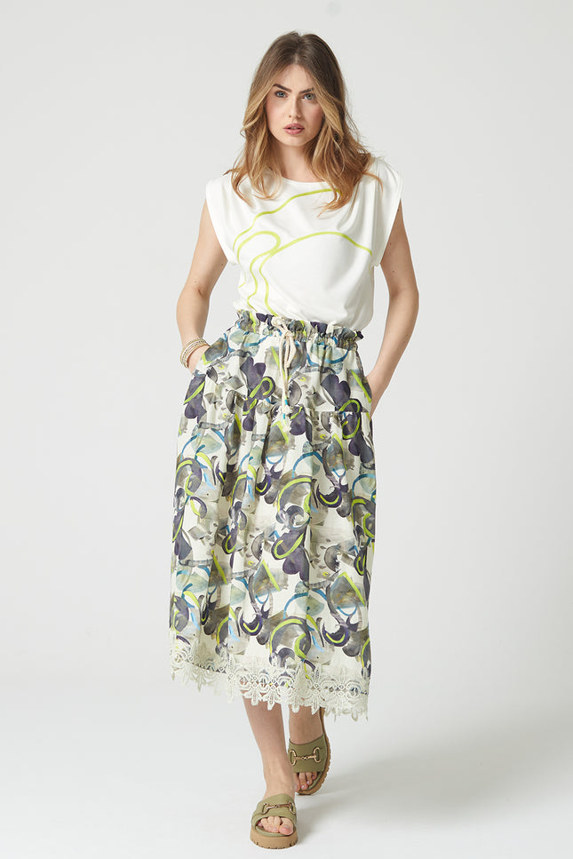 Lalipop Design | Tiered Drawstring Midi skirt with trims of lace appliques
