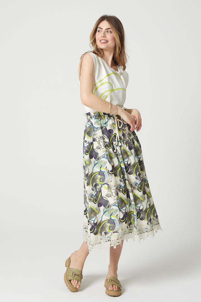 Lalipop Design | Tiered Drawstring Midi skirt with trims of lace appliques
