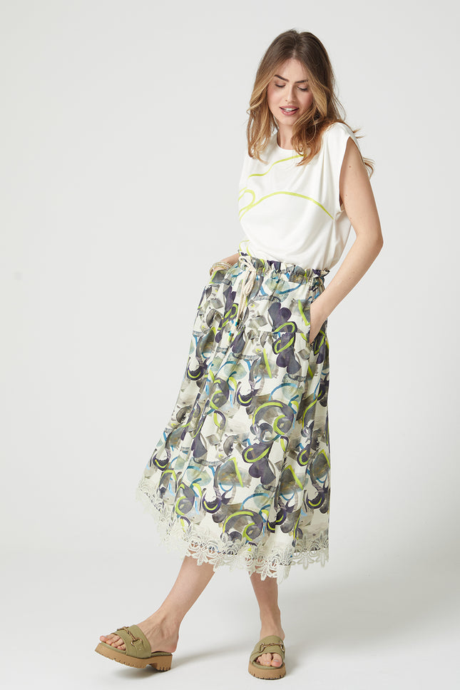 Lalipop Design | Tiered Drawstring Midi skirt with trims of lace appliques
