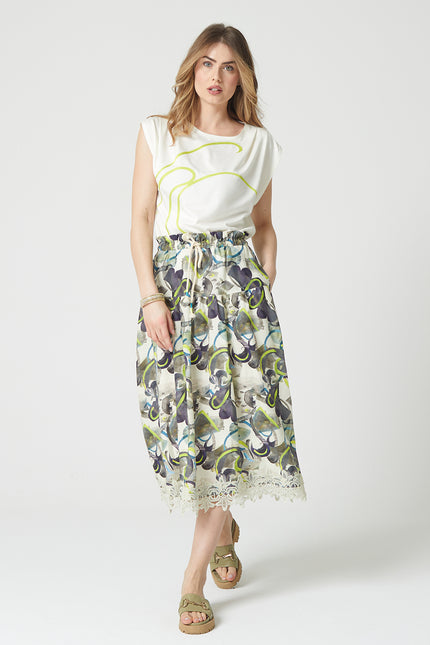 Lalipop Design | Tiered Drawstring Midi skirt with trims of lace appliques
