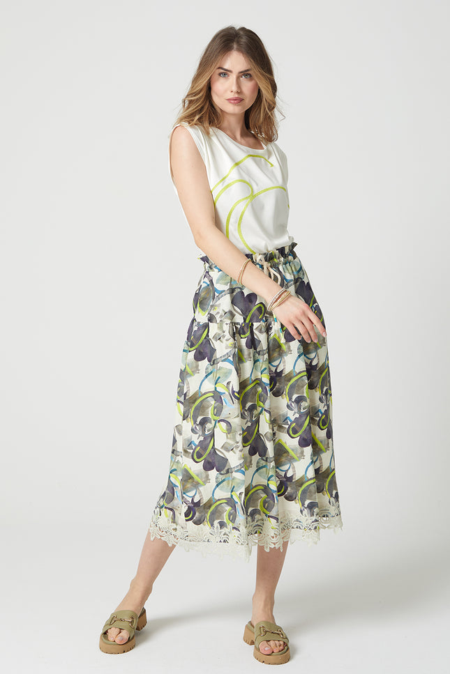 Lalipop Design | Tiered Drawstring Midi skirt with trims of lace appliques