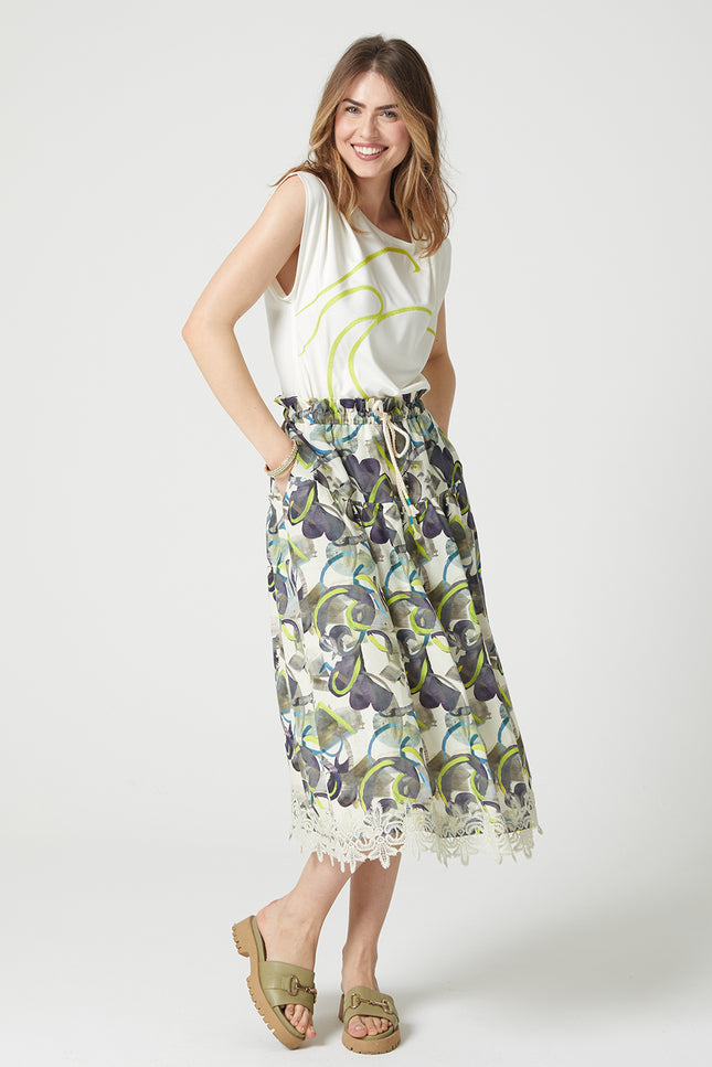 Lalipop Design | Tiered Drawstring Midi skirt with trims of lace appliques