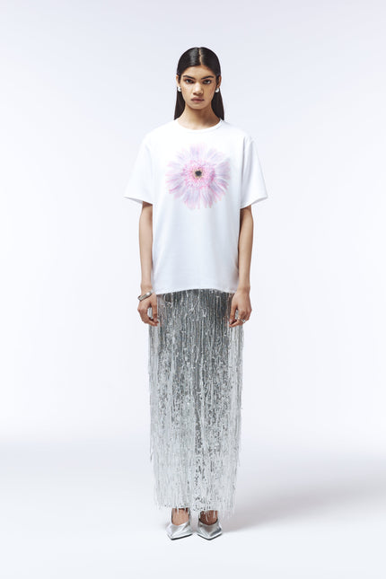 Ice Petal White cotton tee featuring large floral graphic on front
