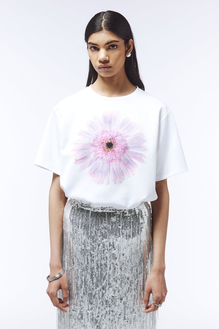 Back view of oversized cotton tee in ice petal white