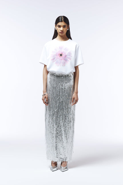 Botanical print T-shirt with pink daisy-style flower in soft tones