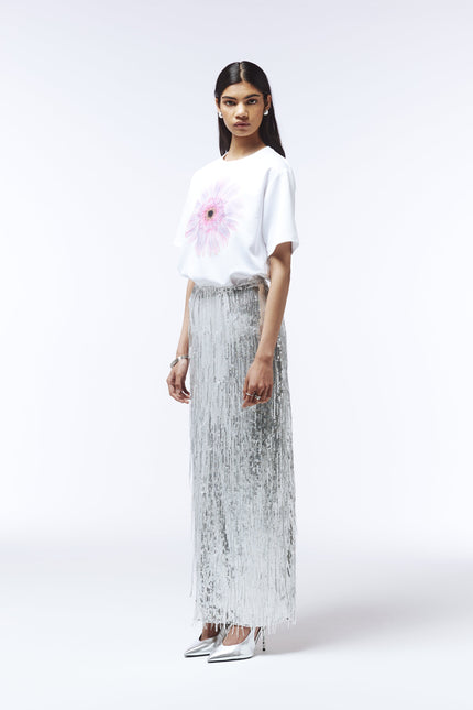 Close-up of gerbera illustration on crisp white SOUR FIGS T-shirt