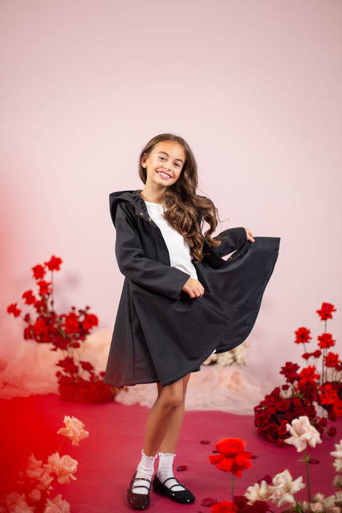 RainSisters | Girls' Black Coat with a Bow ‘Luxurious Bow’