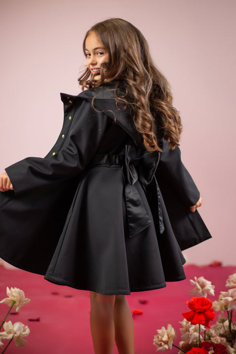 RainSisters | Girls' Black Coat with a Bow ‘Luxurious Bow’