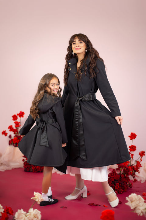 RainSisters | Girls' Black Coat with a Bow ‘Luxurious Bow’