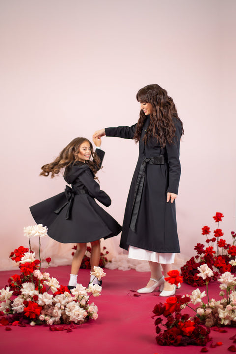 RainSisters | Girls' Black Coat with a Bow ‘Luxurious Bow’