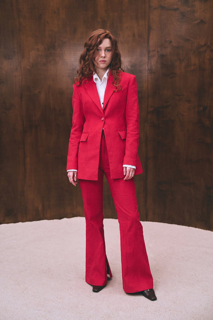 Red velvet flared pants for women