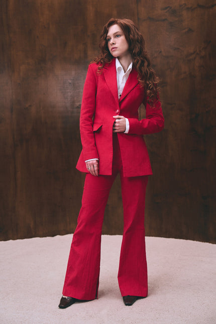 Red velvet flared pants for women