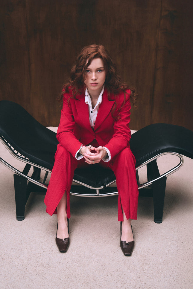Red velvet flared pants for women
