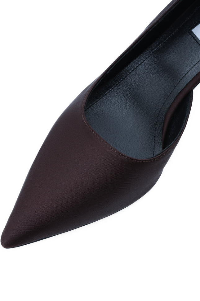 Stylish and comfortable dark chocolate satin stilettos featuring a memory foam insole