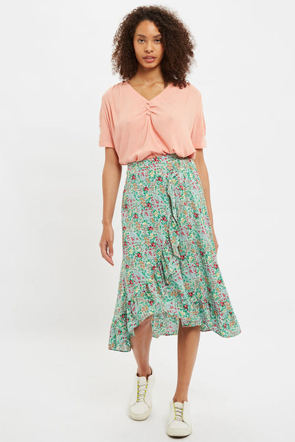 Louche Mara Flower Show Print Ruffle Hem Wrap Midi Skirt - Back