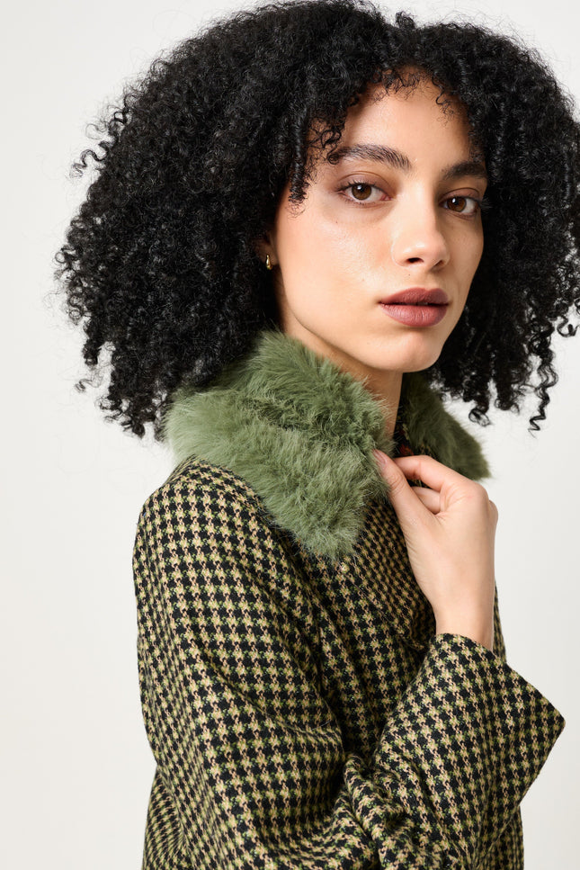 Mischa Burray Fur Collar Statement Sleeve Check Coat - Fern - Detail 2
