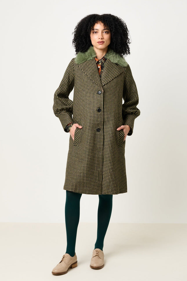 Mischa Burray Fur Collar Statement Sleeve Check Coat - Fern - Back