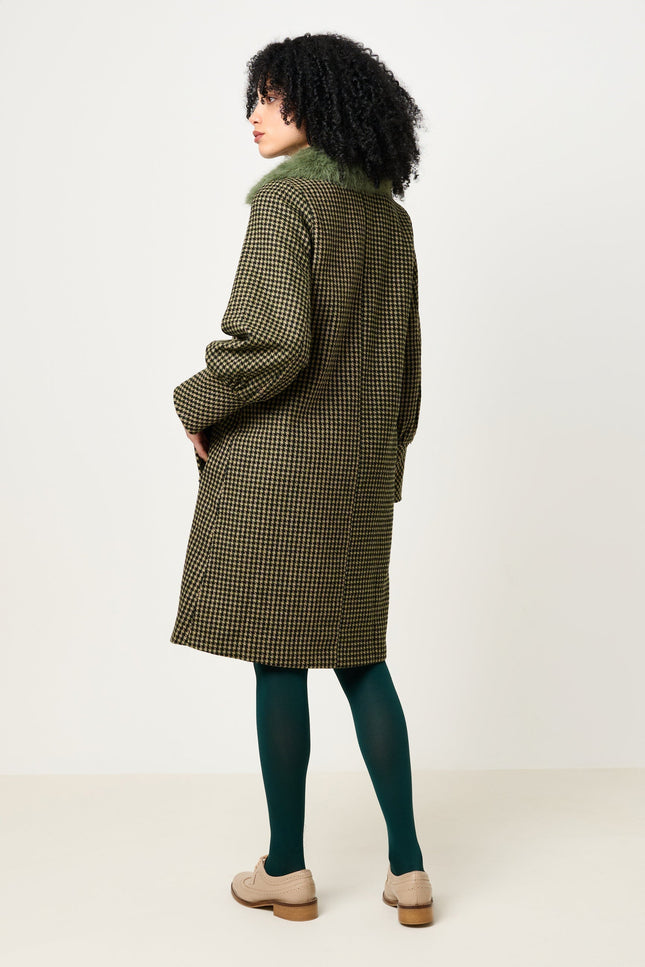 Mischa Burray Fur Collar Statement Sleeve Check Coat - Fern - Detail 1
