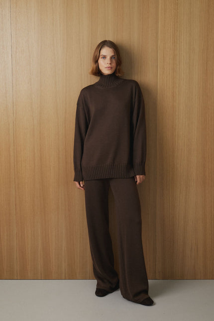 Brown merino wool sweater and wide leg pants set