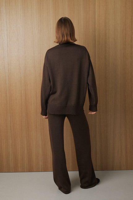 Brown merino wool sweater and wide leg pants set