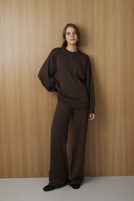 Brown merino wool sweater and wide leg pants set