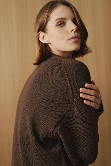 Women's merino wool button-up cardigan in brown