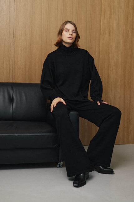 Women's black merino wool sweater and pants set