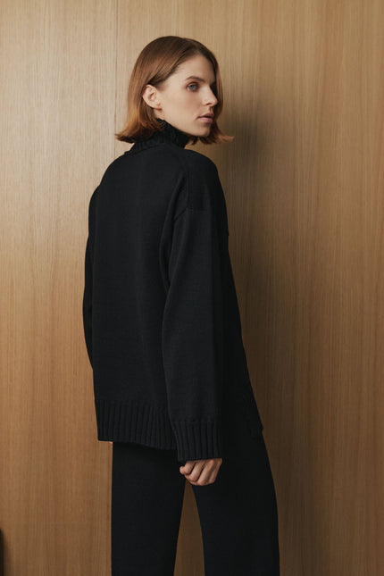 Black merino wool knit sweater for women