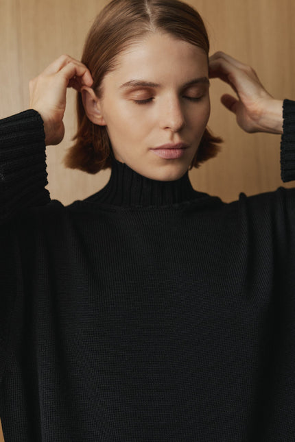 Black high neck wool jumper for women