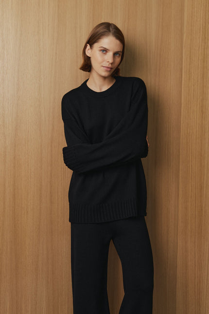 Women's black merino wool crew neck sweater