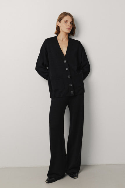 Black merino wool cardigan and pants matching set