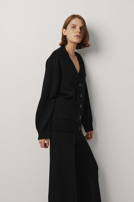 Black cardigan and wide leg pants matching set