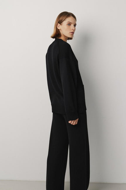 Black merino wool button cardigan for women