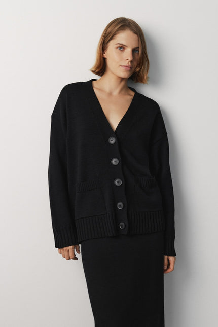 Oversized black merino wool button-up cardigan