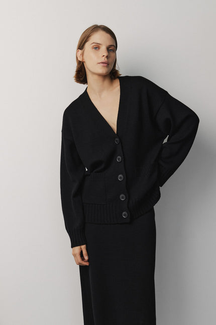 Black wool button-up cardigan for women
