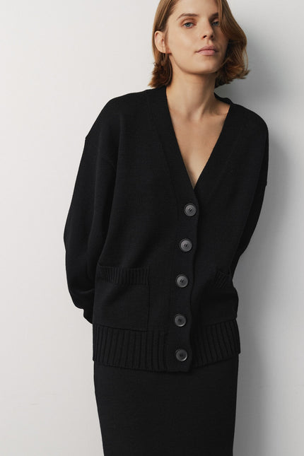 Women's black knitted merino wool cardigan
