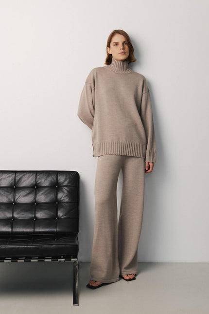 Women's cream merino wool high neck sweater and wide leg pants set