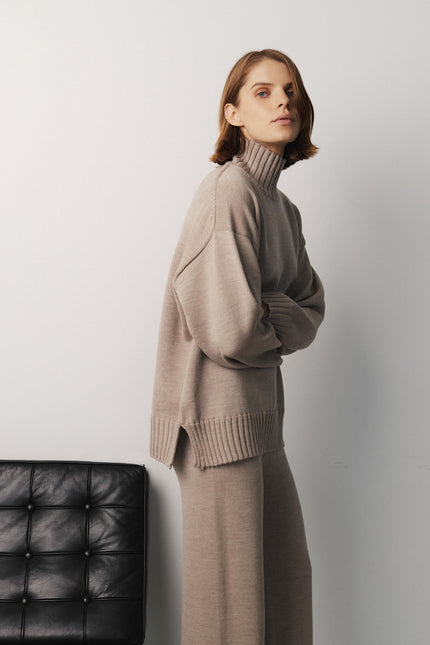 Beige merino wool knit sweater for women