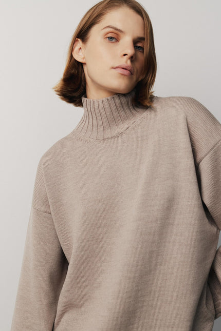 Women's beige merino wool high neck sweater