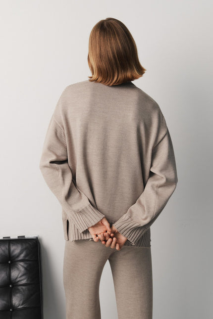 Beige oversized merino wool high neck sweater