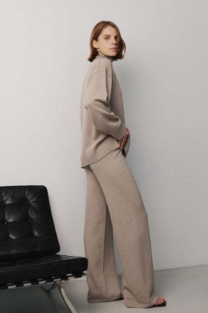 Beige merino wool sweater and pants matching set