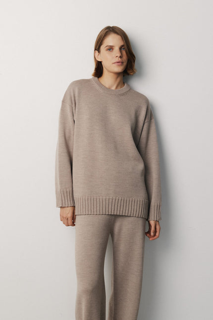 Women's beige merino wool crew neck sweater
