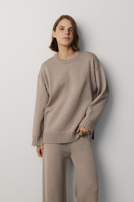 Beige oversized merino wool crew neck sweater