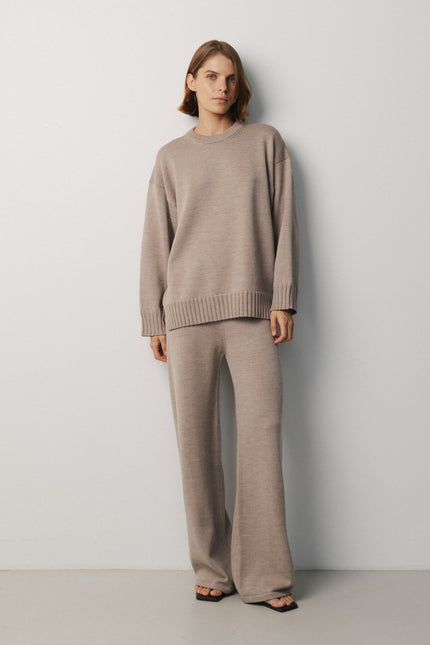 Cream merino wool sweater and wide leg pants set