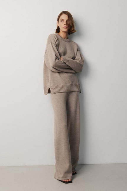 Women's cream knitted sweater and trousers set