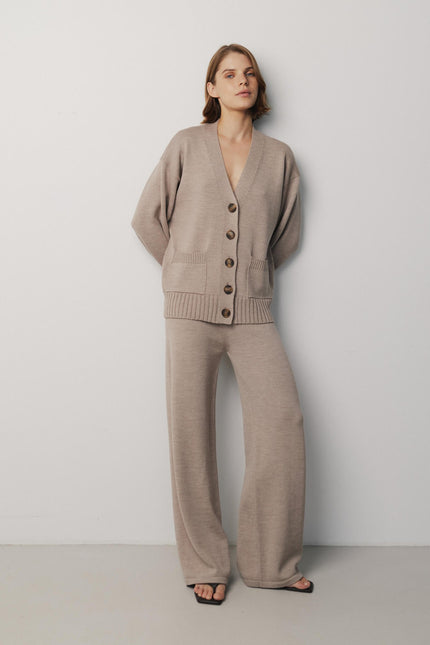 Beige merino wool cardigan and wide leg pants set