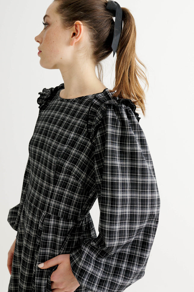 Maisie Shadow Check Long Sleeve Dress - Black & White