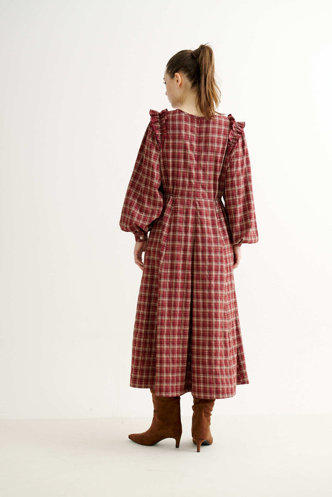 Maisie Shadow Check Long Sleeve Dress - Russet